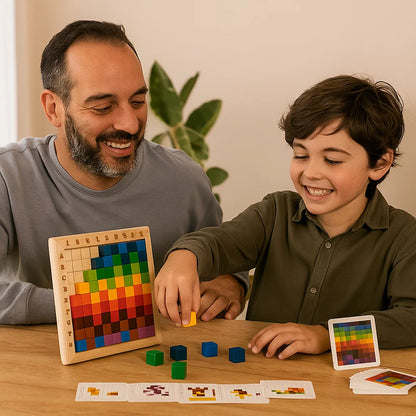 Gioco puzzle Pixel in legno per bambini | Blocchi di selezione dei colori con griglia per la logica e la corrispondenza dei modelli