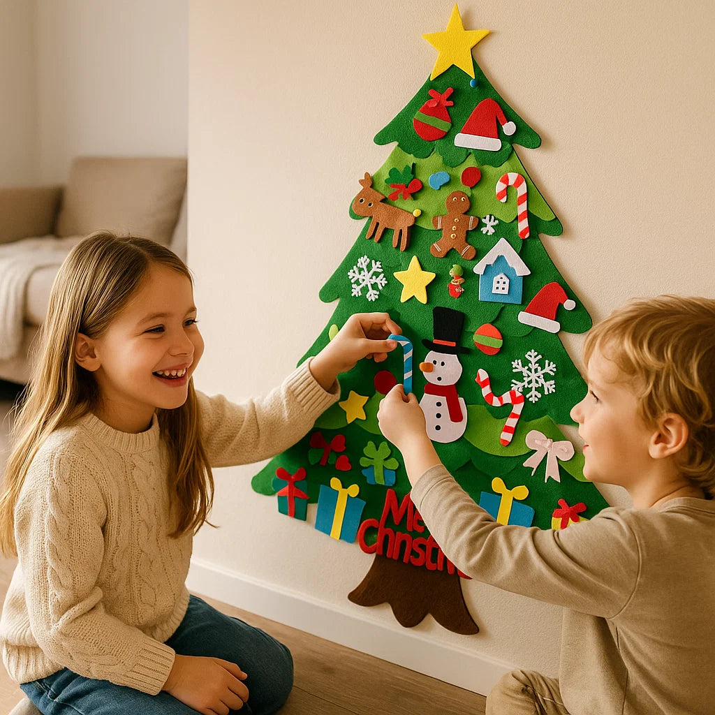 Albero di Natale in feltro fai da te per bambini | Decorazione da parete sicura con ornamenti rimovibili per giocare e divertirsi durante le vacanze