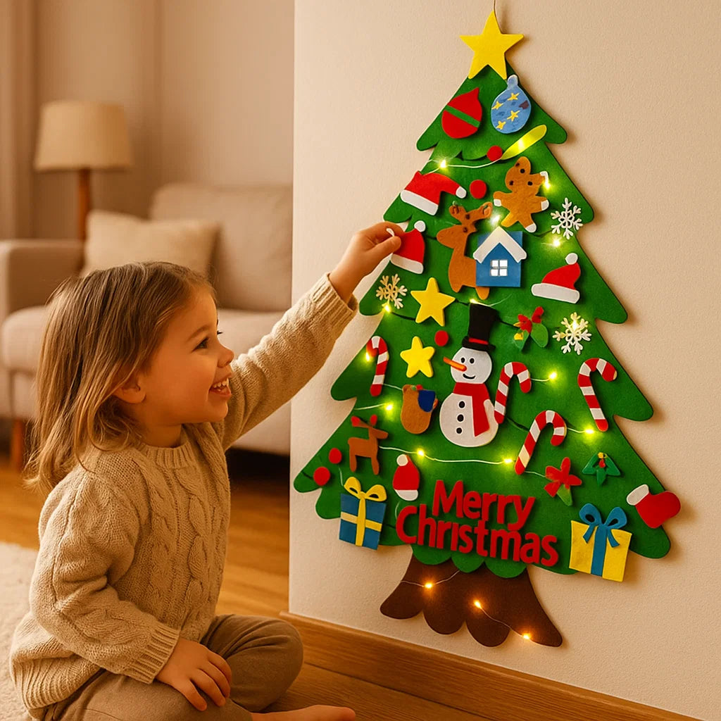Albero di Natale in feltro fai da te per bambini | Decorazione da parete sicura con ornamenti rimovibili per giocare e divertirsi durante le vacanze