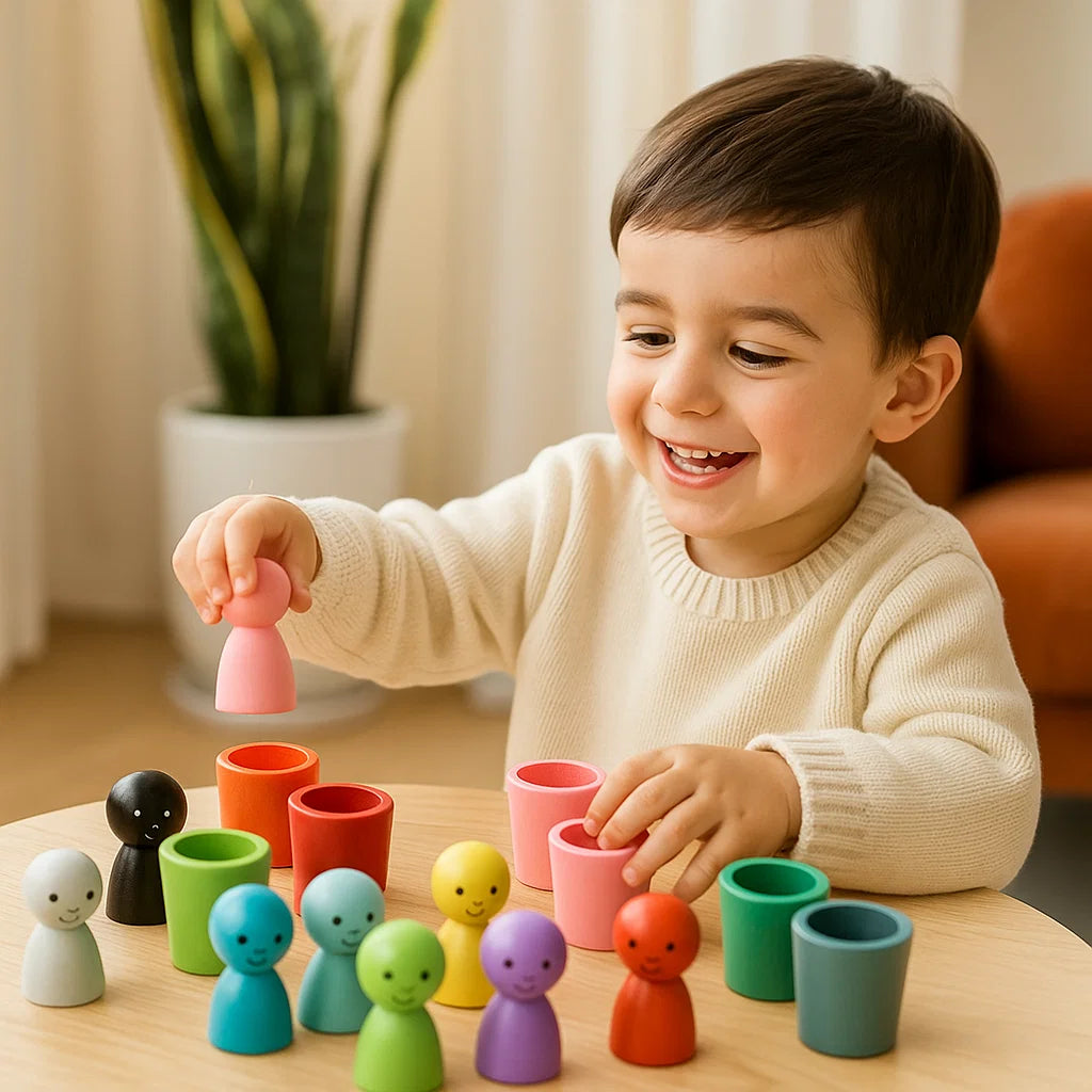 Gioco di abbinamento dei colori in legno per bambini | Gioco di ordinamento con bambole a pioli e tazze per l' apprendimento motorio e visivo