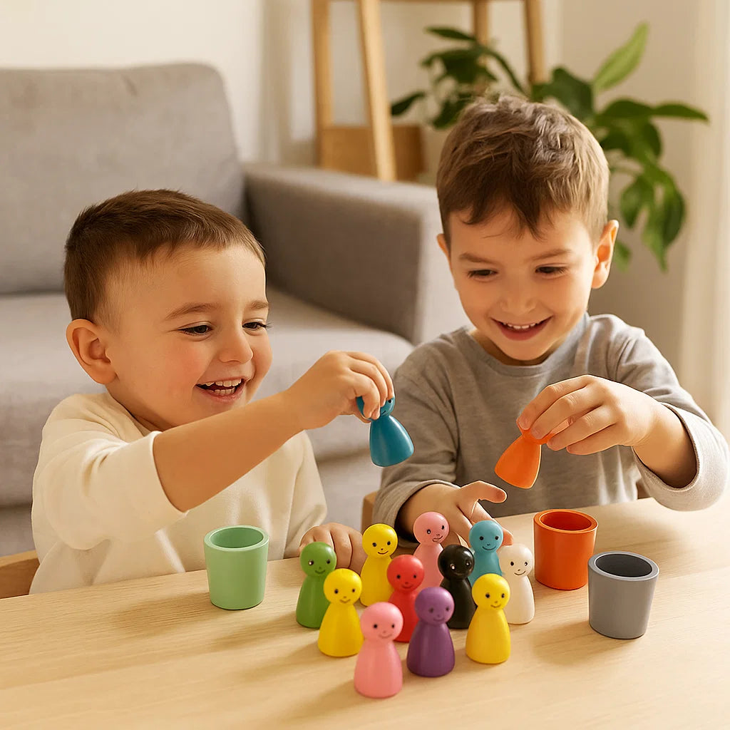 Gioco di abbinamento dei colori in legno per bambini | Gioco di ordinamento con bambole a pioli e tazze per l' apprendimento motorio e visivo