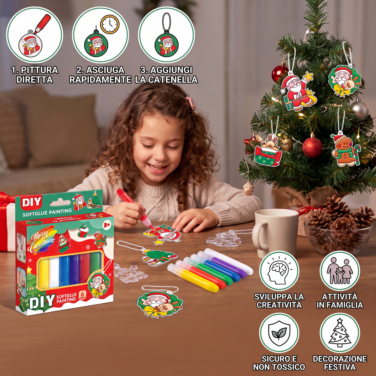 Kit creativo DIY di Natale per bambini per decorare gli addobbi con la pittura, senza colla né cottura