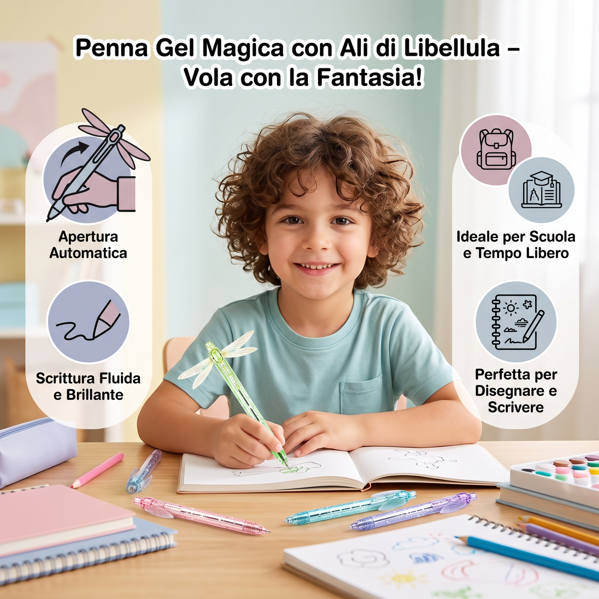 Penna gel magica con ali di libellula