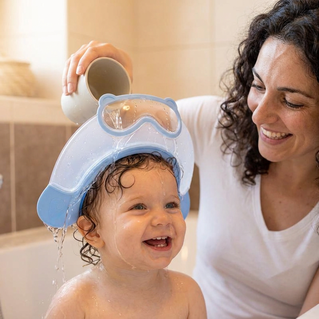 Visiera regolabile per neonati con protezione a 360° per occhi e orecchie da acqua e shampoo