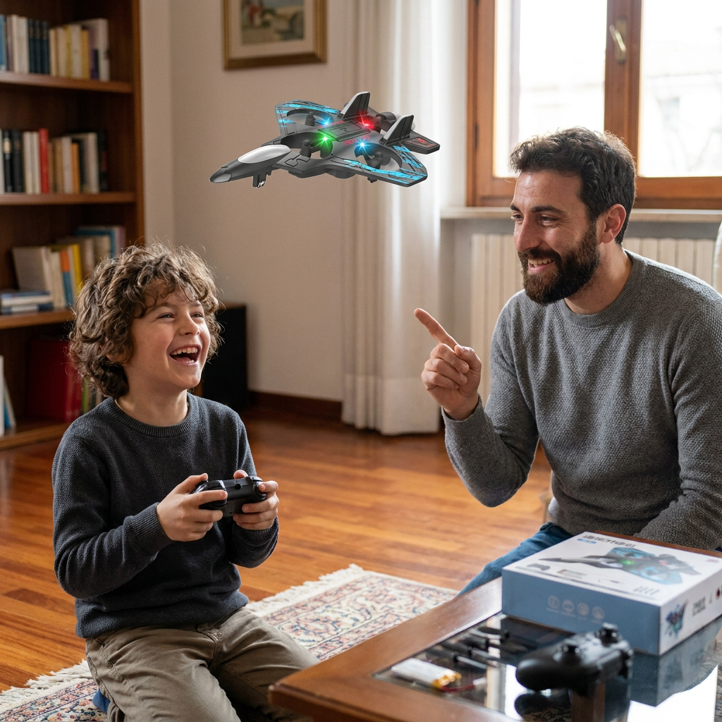 Drone RC a forma di caccia in schiuma resistente per voli al chiuso e all’aperto – Flip a 360° e luci LED