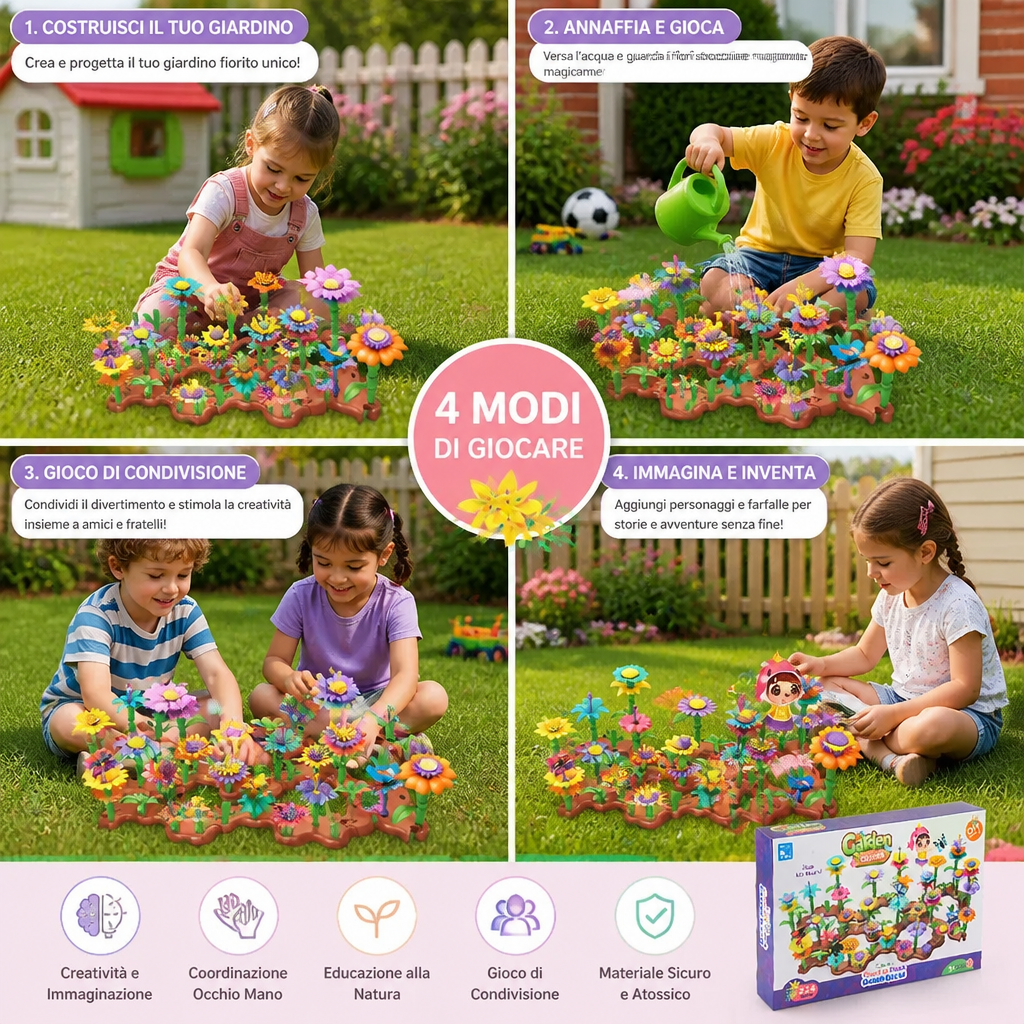 Gioco a incastro giardino di fiori per bambini – giocattolo creativo di coltivazione e apprendimento per piccoli giardinieri