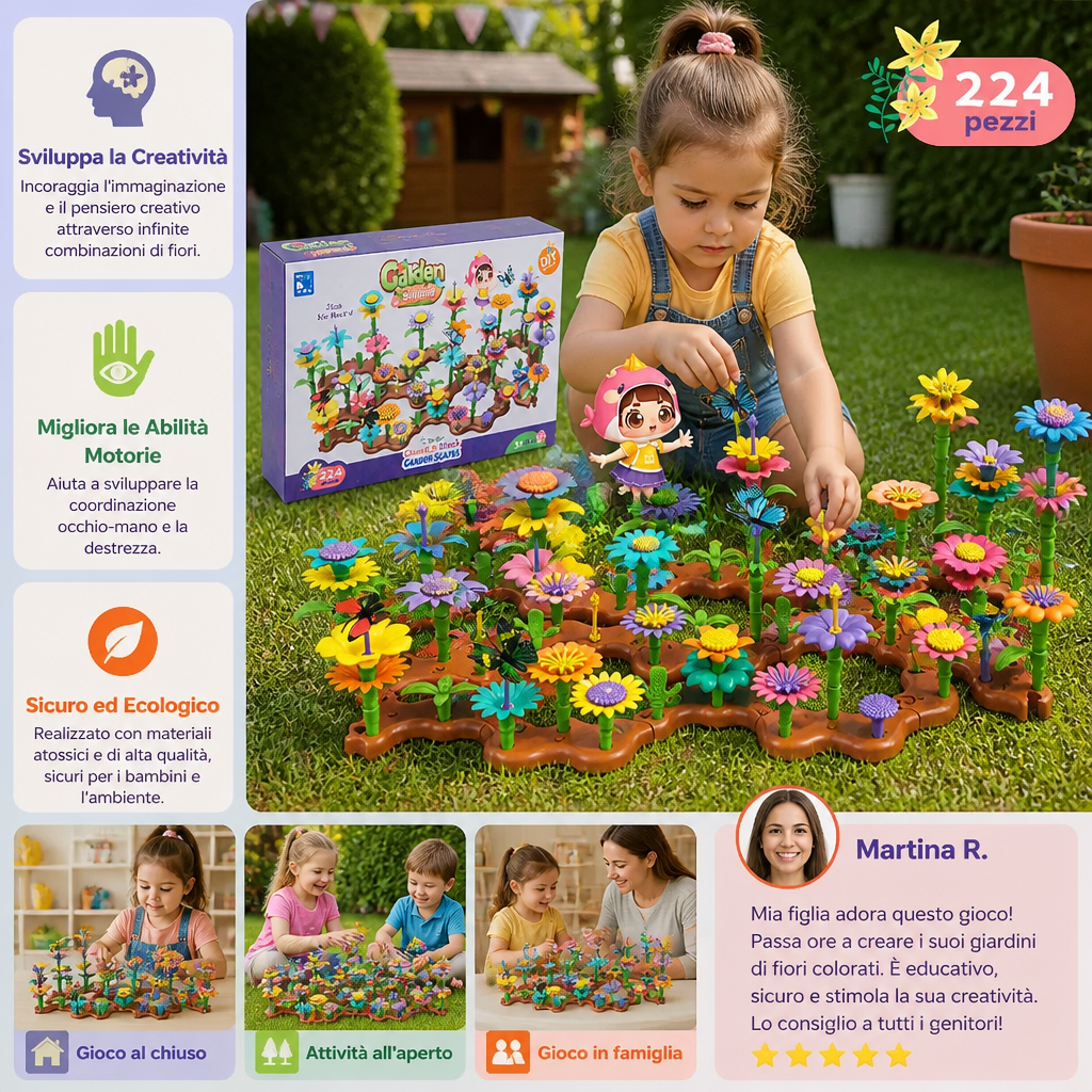 Gioco a incastro giardino di fiori per bambini – giocattolo creativo di coltivazione e apprendimento per piccoli giardinieri