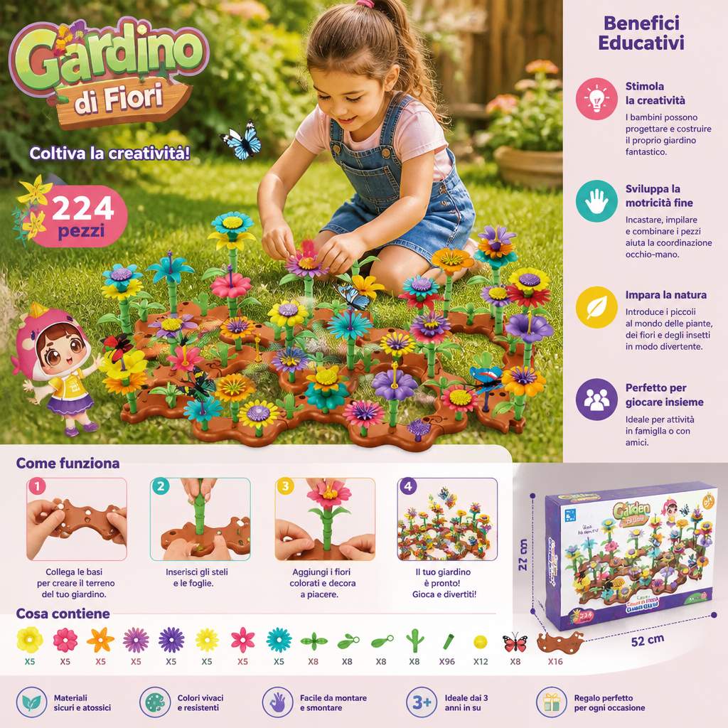 Gioco a incastro giardino di fiori per bambini – giocattolo creativo di coltivazione e apprendimento per piccoli giardinieri