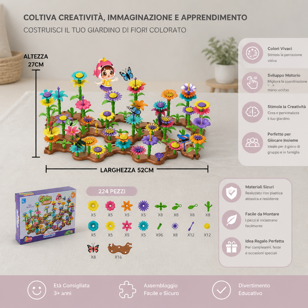 Gioco a incastro giardino di fiori per bambini – giocattolo creativo di coltivazione e apprendimento per piccoli giardinieri