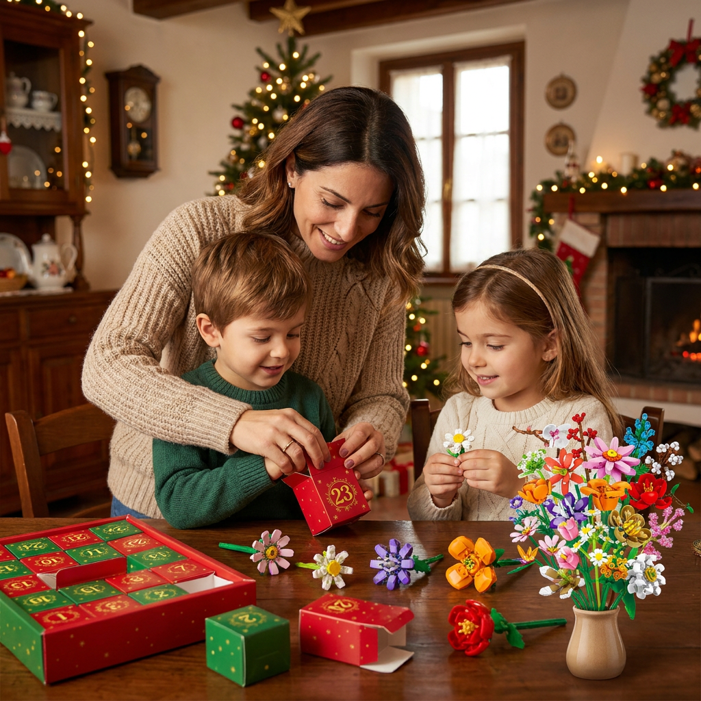 Calendario Dell'Avvento Natalizio Con Bouquet Di Fiori In Blocchi Da Costruzione