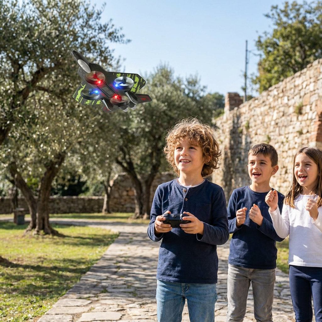 Drone RC a forma di caccia in schiuma resistente per voli al chiuso e all’aperto – Flip a 360° e luci LED