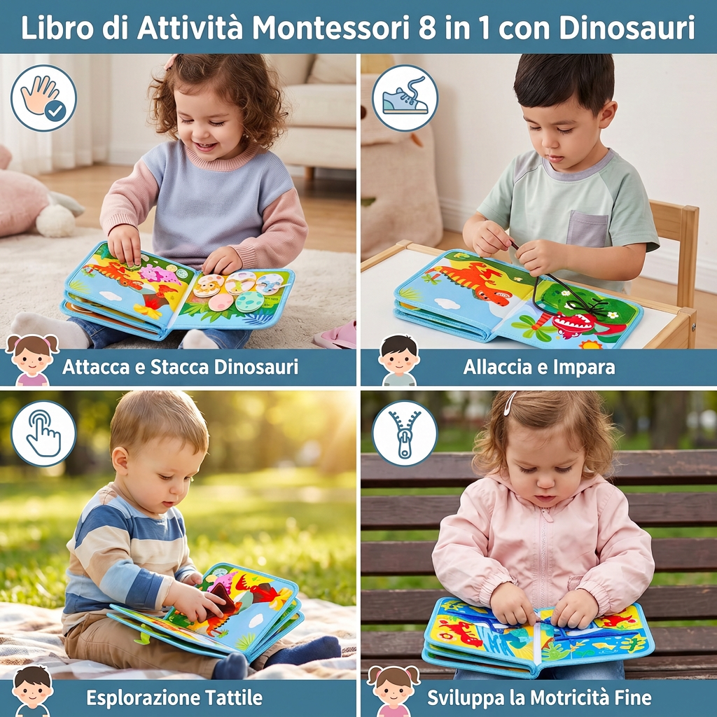 Libro di Attività Montessori 8 in 1 con Dinosauri per Bambini Piccoli