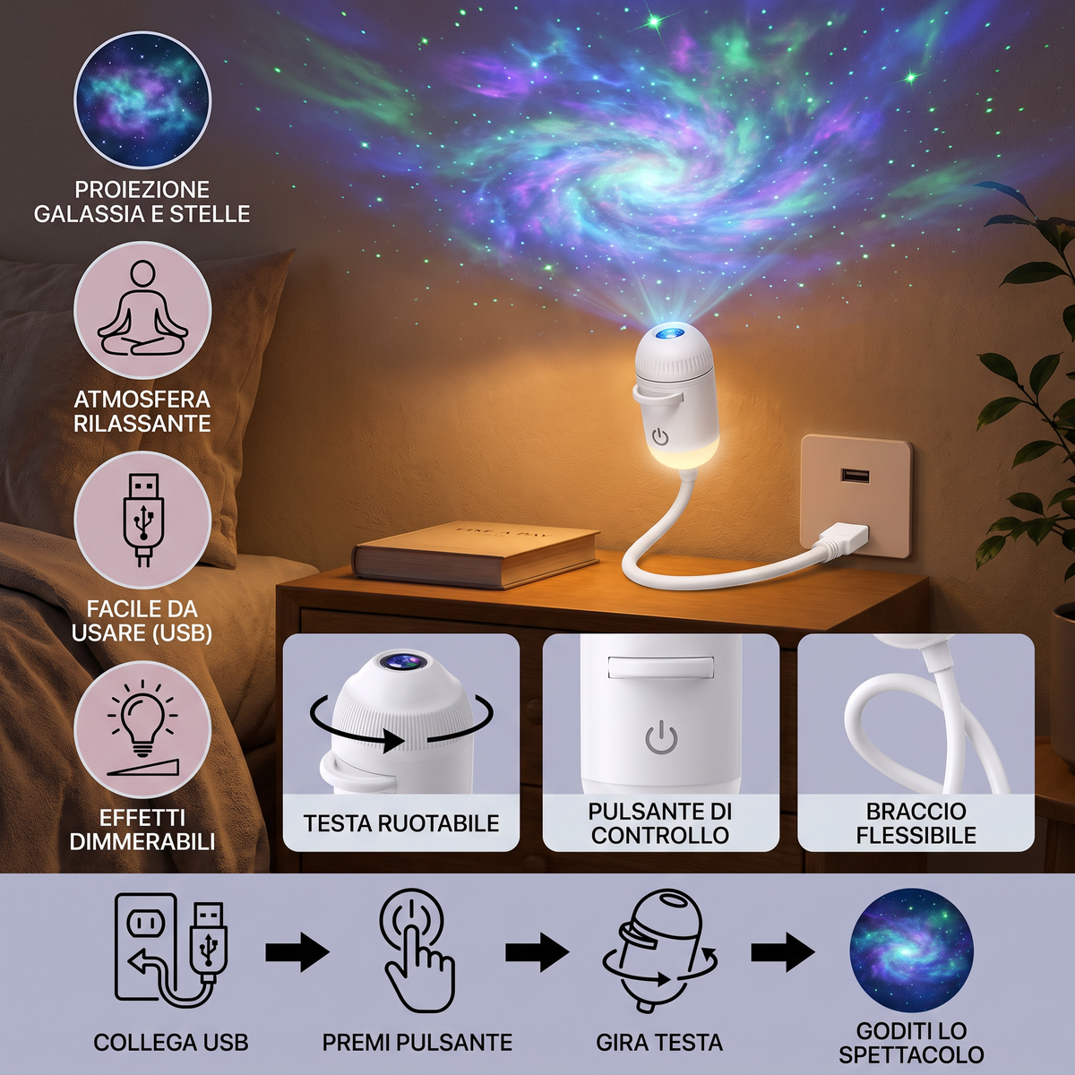 Proiettore Galassia USB NightSky Dimmerabile con Effetti Stelle e Aurora
