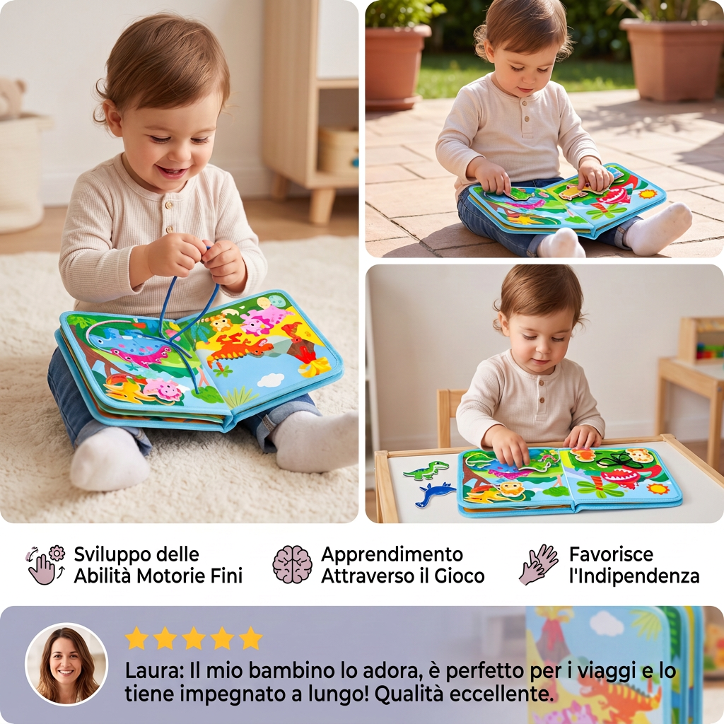 Libro di Attività Montessori 8 in 1 con Dinosauri per Bambini Piccoli