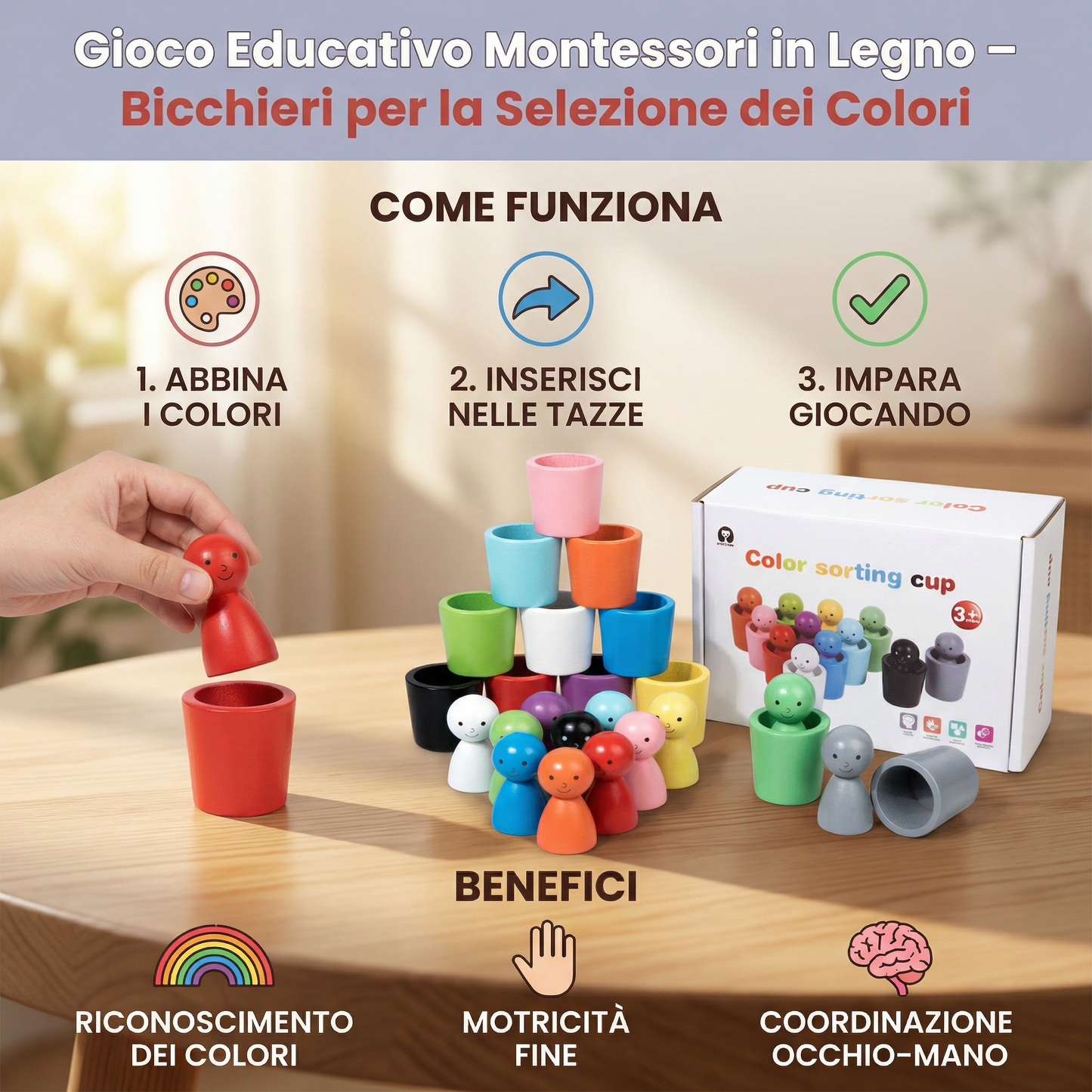 Gioco Educativo Montessori in Legno – Bicchieri per la Selezione dei Colori