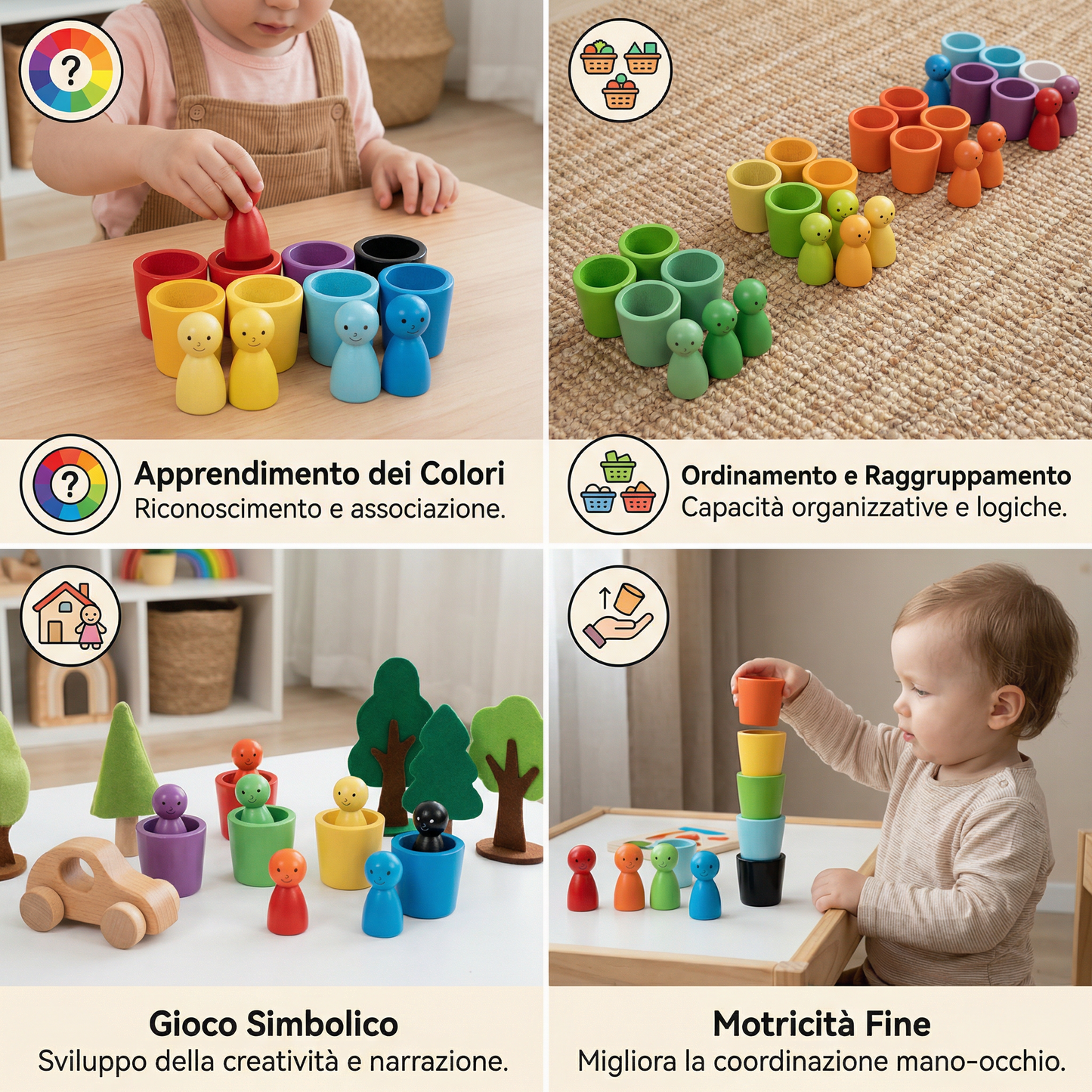 Gioco Educativo Montessori in Legno – Bicchieri per la Selezione dei Colori