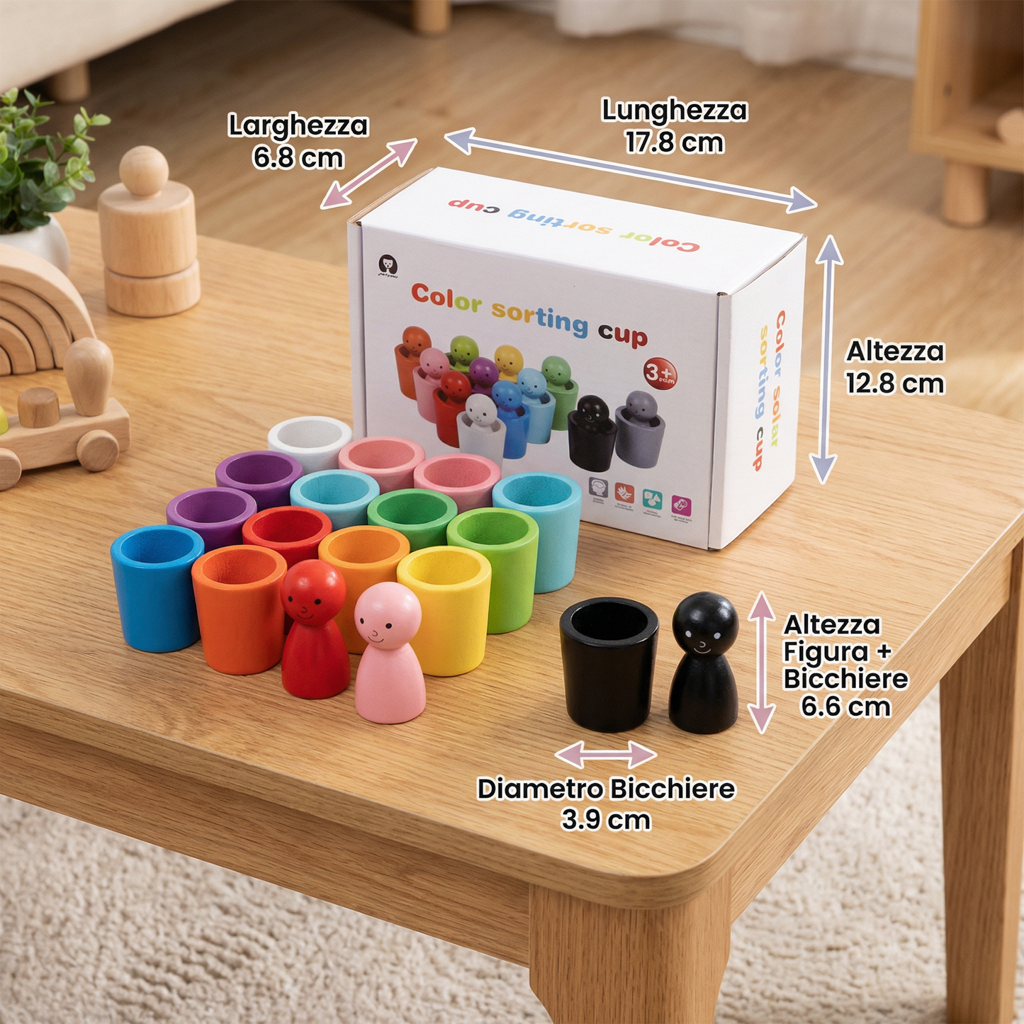 Gioco Educativo Montessori in Legno – Bicchieri per la Selezione dei Colori