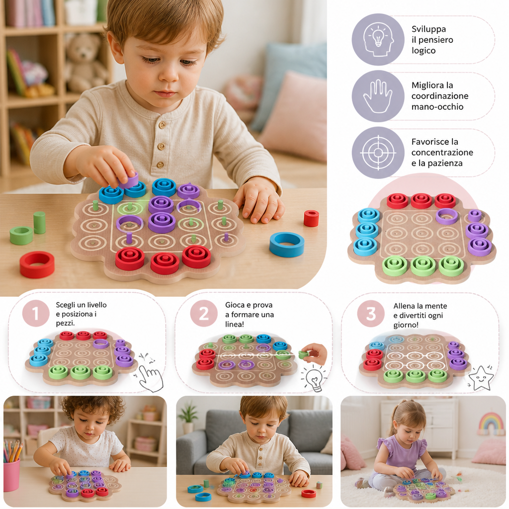 Gioco Strategico Educativo in Legno del Tris a 3 Livelli per Bambini