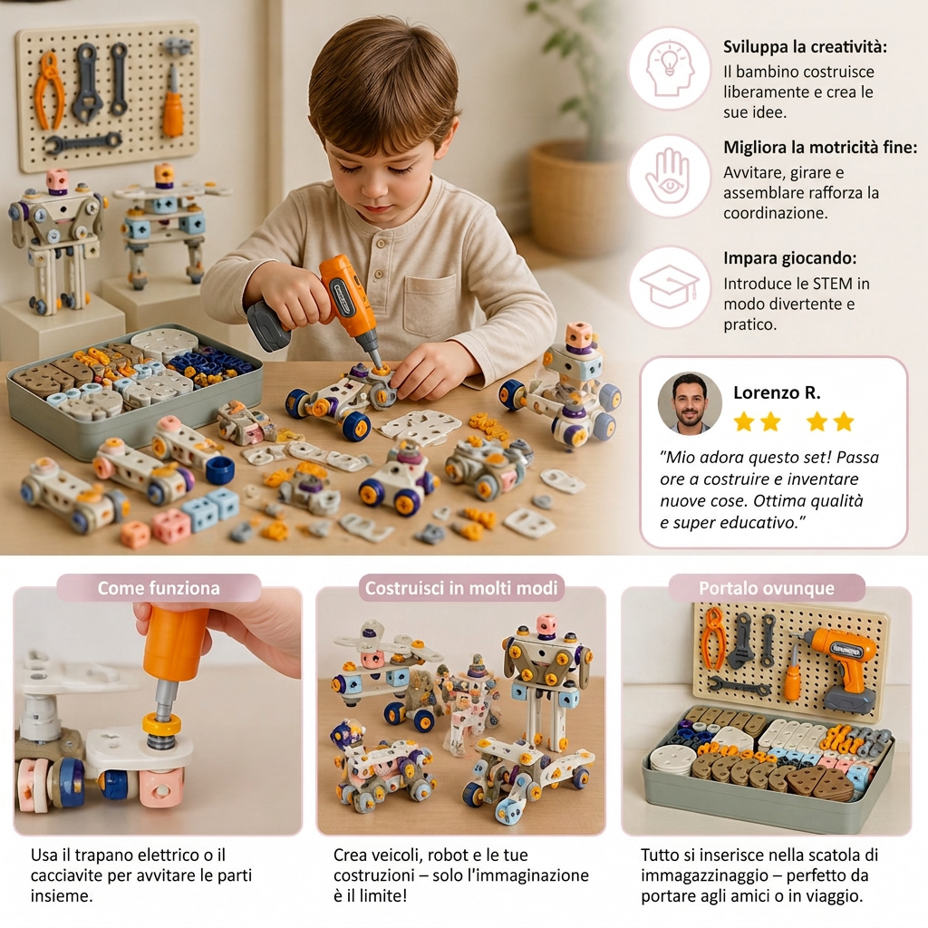 Set di Attrezzi Fai-da-Te per Bambini con Trapano Elettrico – Set di Costruzioni STEM