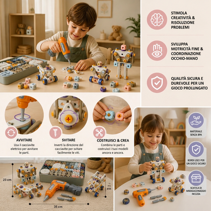 Set di Attrezzi Fai-da-Te per Bambini con Trapano Elettrico – Set di Costruzioni STEM
