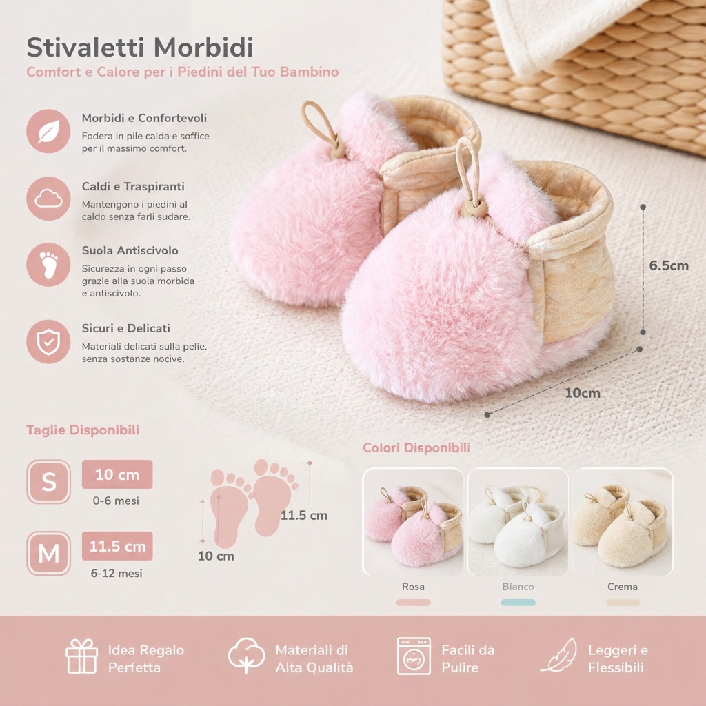 Scarpine per Neonato Calde e Confortevoli in Cotone Foderato in Pile con Suole Morbide