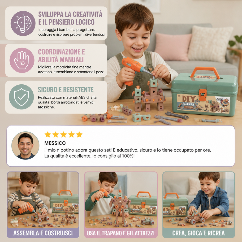 Set da 144 Pezzi per Attrezzi da Bambini con Trapano e Valigetta – Kit di Costruzione STEM Montessori