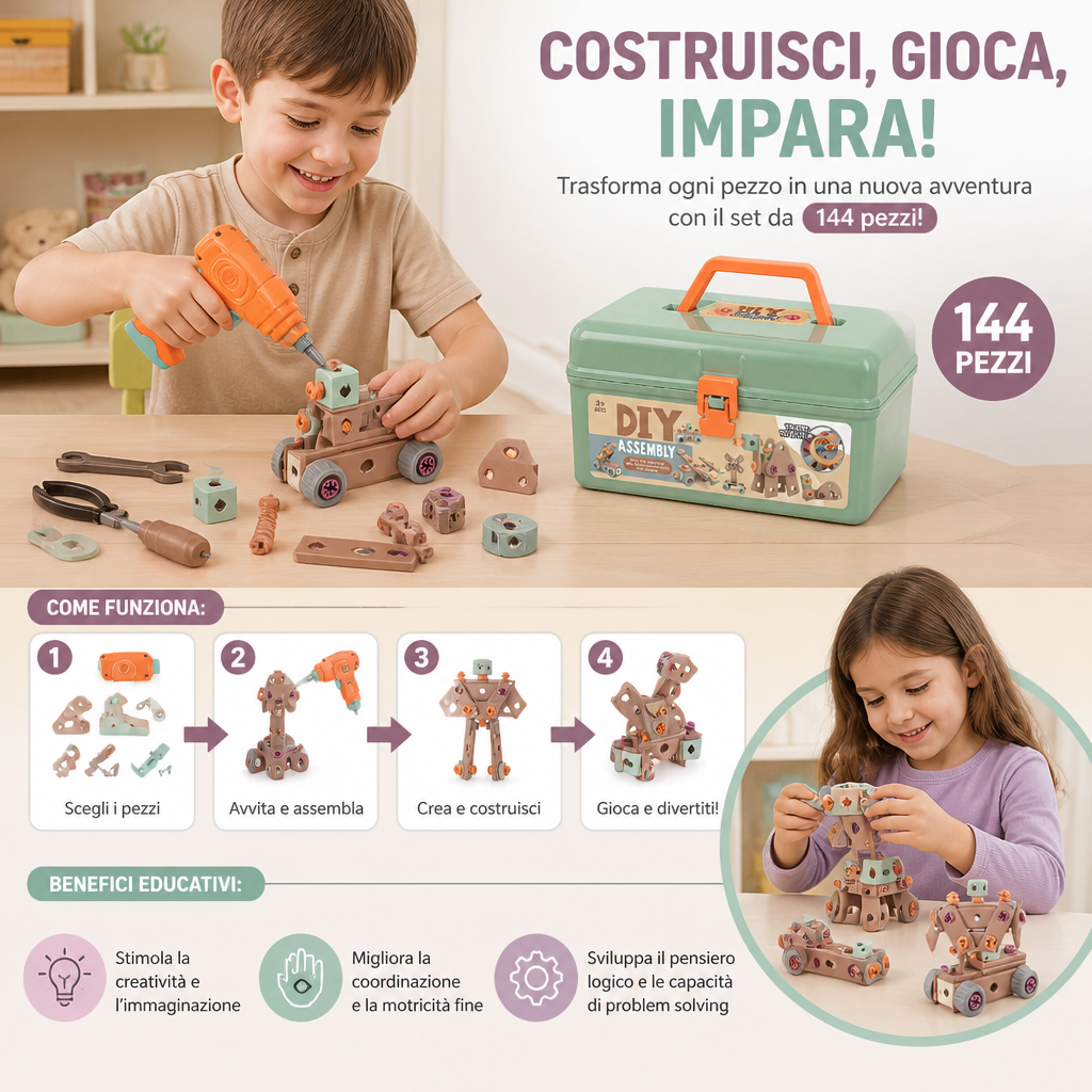 Set da 144 Pezzi per Attrezzi da Bambini con Trapano e Valigetta – Kit di Costruzione STEM Montessori