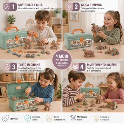 Set da 144 Pezzi per Attrezzi da Bambini con Trapano e Valigetta – Kit di Costruzione STEM Montessori