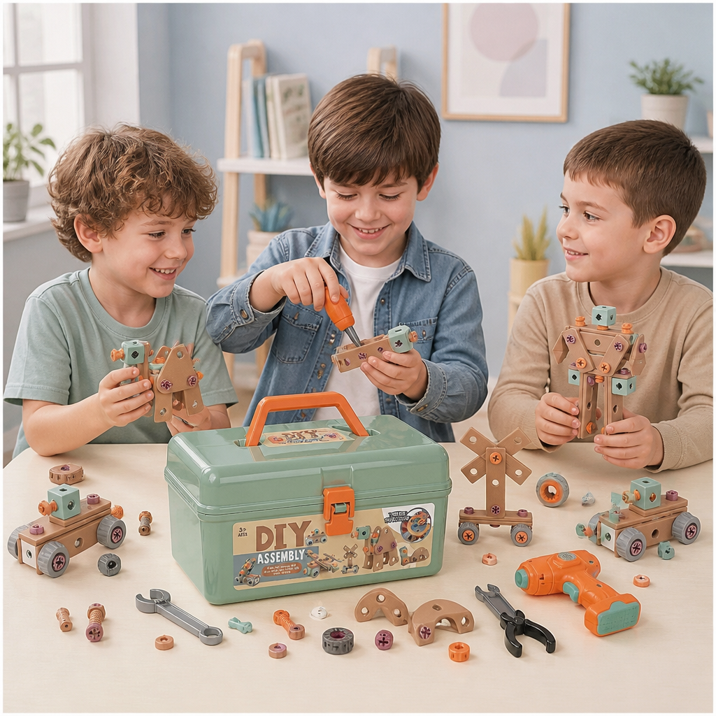 Set da 144 Pezzi per Attrezzi da Bambini con Trapano e Valigetta – Kit di Costruzione STEM Montessori