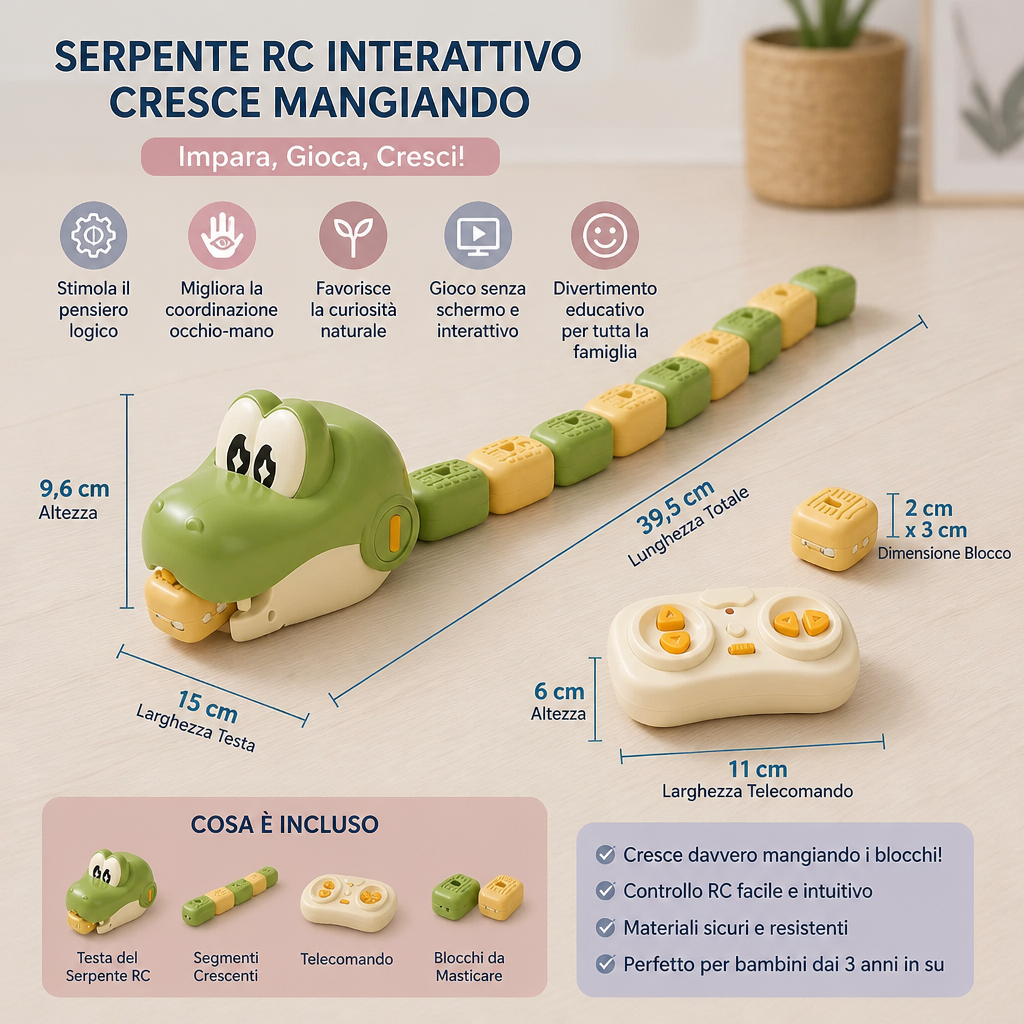 Giocattolo STEM RC Serpente Interattivo Crescente – Mangia i Blocchi e Diventa Più Lungo