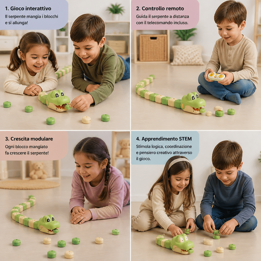 Giocattolo STEM RC Serpente Interattivo Crescente – Mangia i Blocchi e Diventa Più Lungo