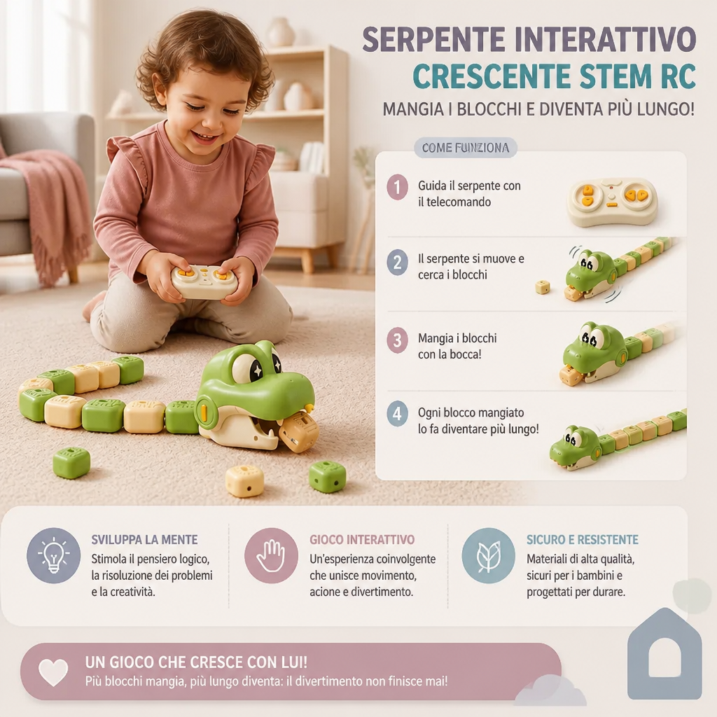 Giocattolo STEM RC Serpente Interattivo Crescente – Mangia i Blocchi e Diventa Più Lungo