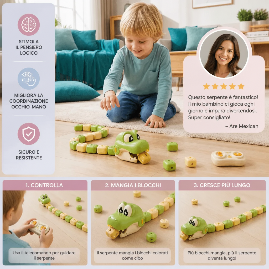 Giocattolo STEM RC Serpente Interattivo Crescente – Mangia i Blocchi e Diventa Più Lungo