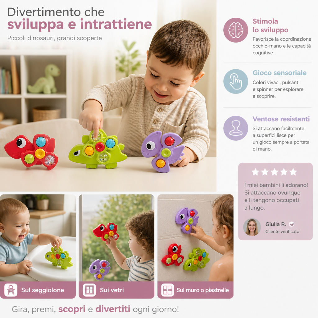 Set di 3 Girandole a Ventosa a Forma di Dinosauro per Neonati e Bambini Piccoli