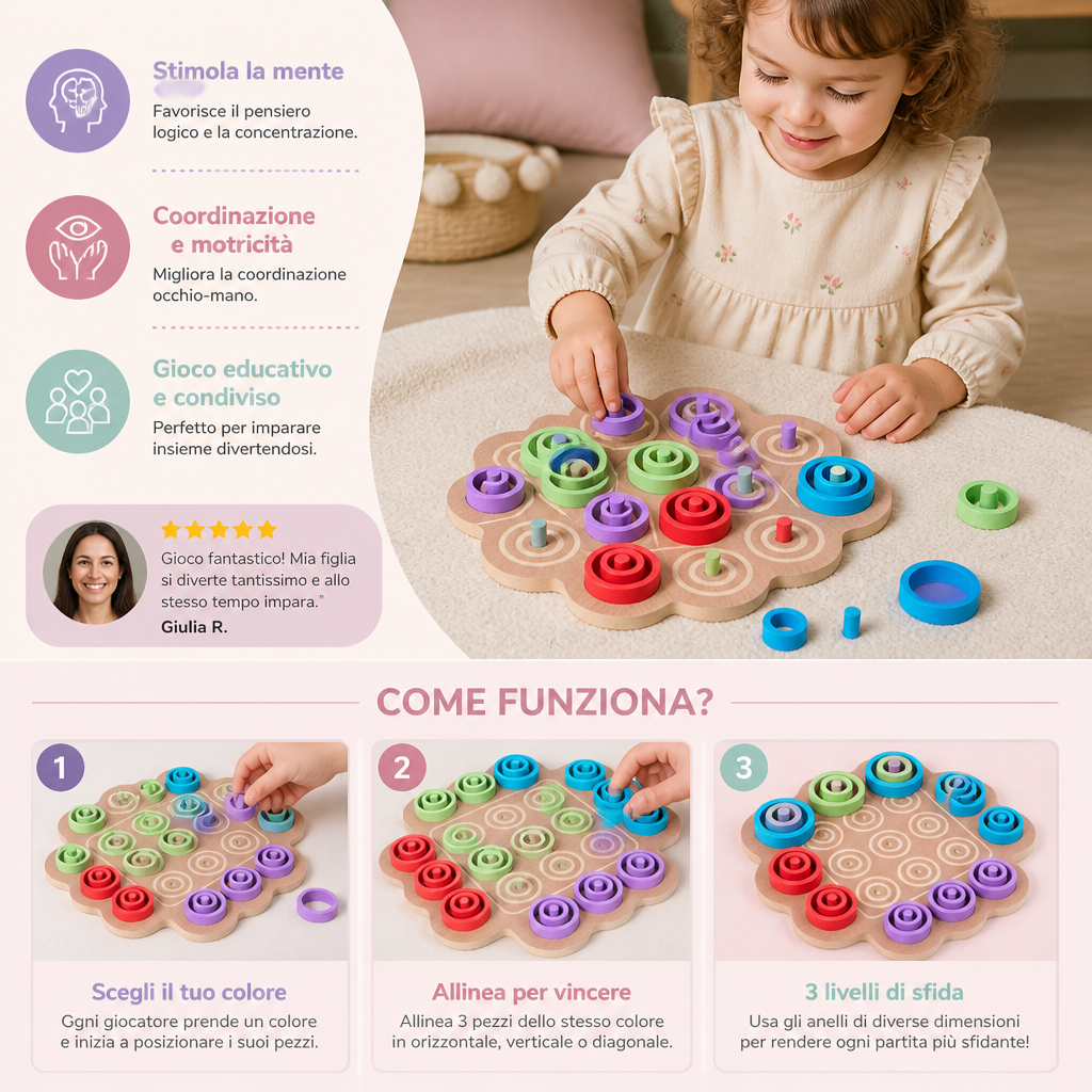 Gioco Strategico Educativo in Legno del Tris a 3 Livelli per Bambini