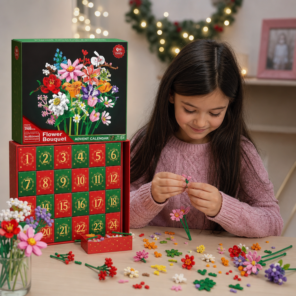 Calendario Dell'Avvento Natalizio Con Bouquet Di Fiori In Blocchi Da Costruzione