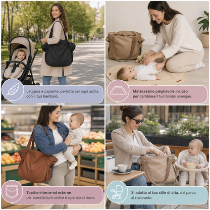 Borsa fasciatoio pieghevole 2 in 1 con materassino – Borsa da viaggio leggera e spaziosa per mamme