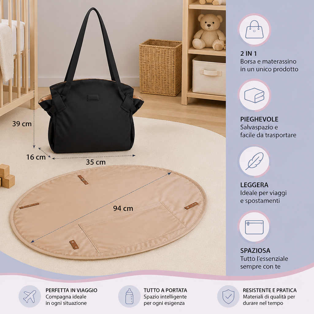 Borsa fasciatoio pieghevole 2 in 1 con materassino – Borsa da viaggio leggera e spaziosa per mamme