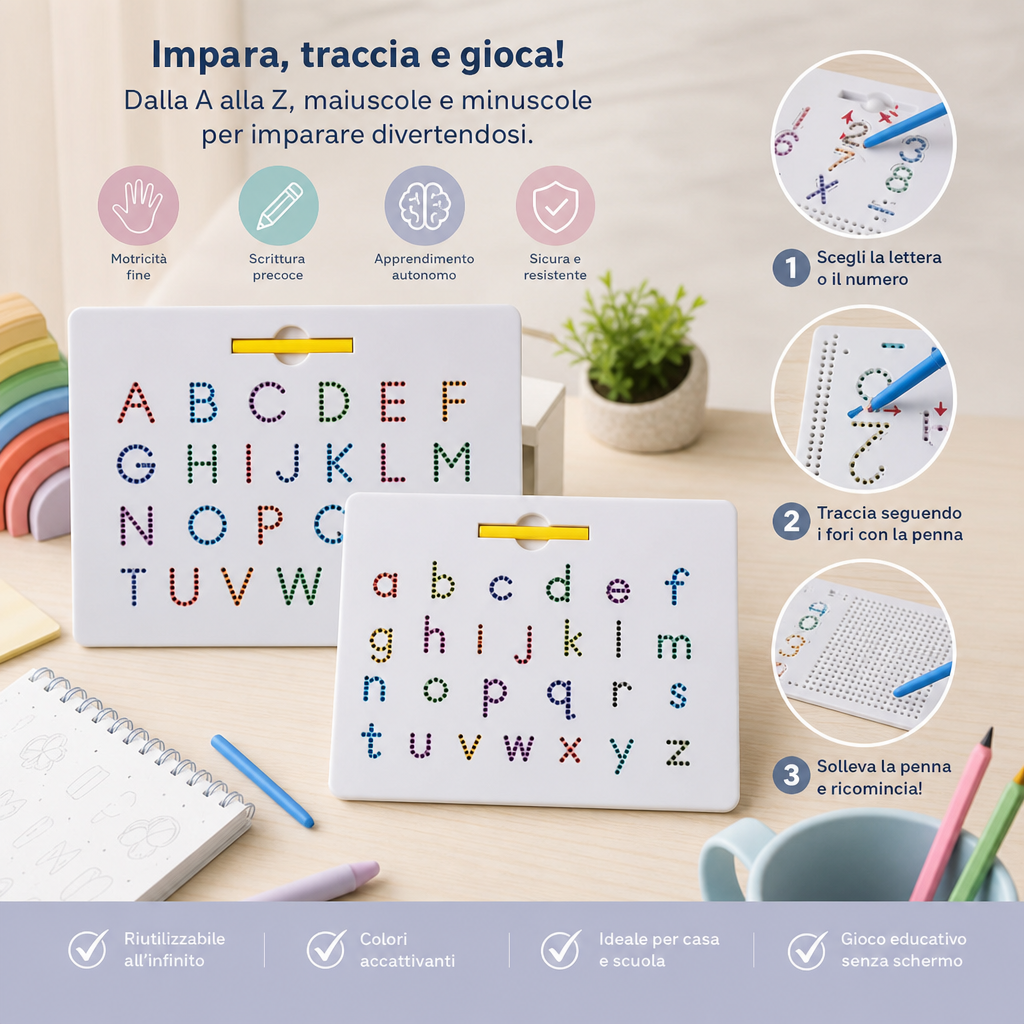 Tavola Magnetica 2-in-1 per Ricalcare le Lettere Maiuscole e Minuscole