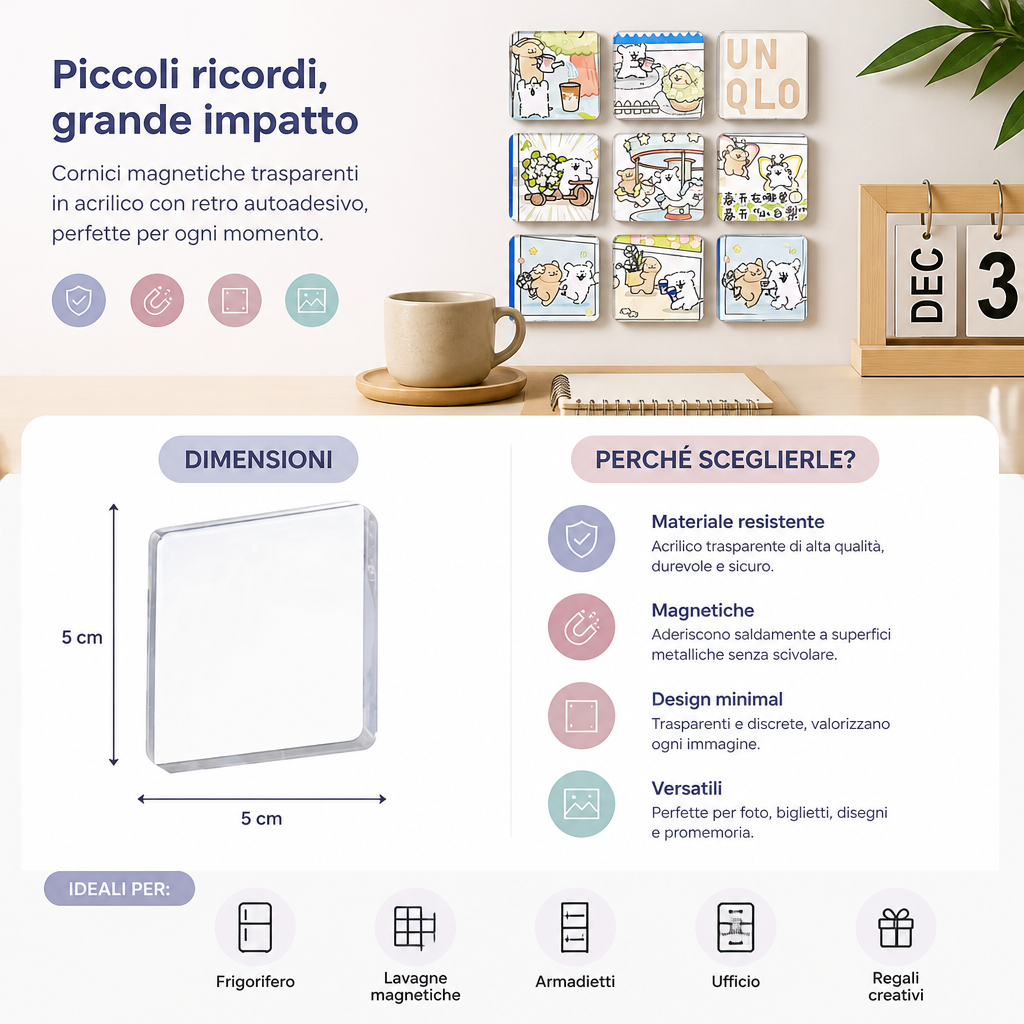 Cornici magnetiche trasparenti in acrilico con retro autoadesivo Set da 5 pezzi
