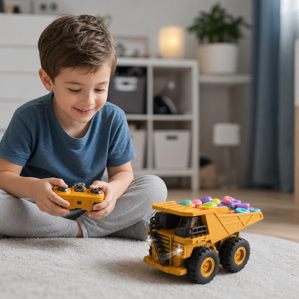 Camion Ribaltabile Telecomandato con Luci – Giocattolo Veicolo da Cantiere