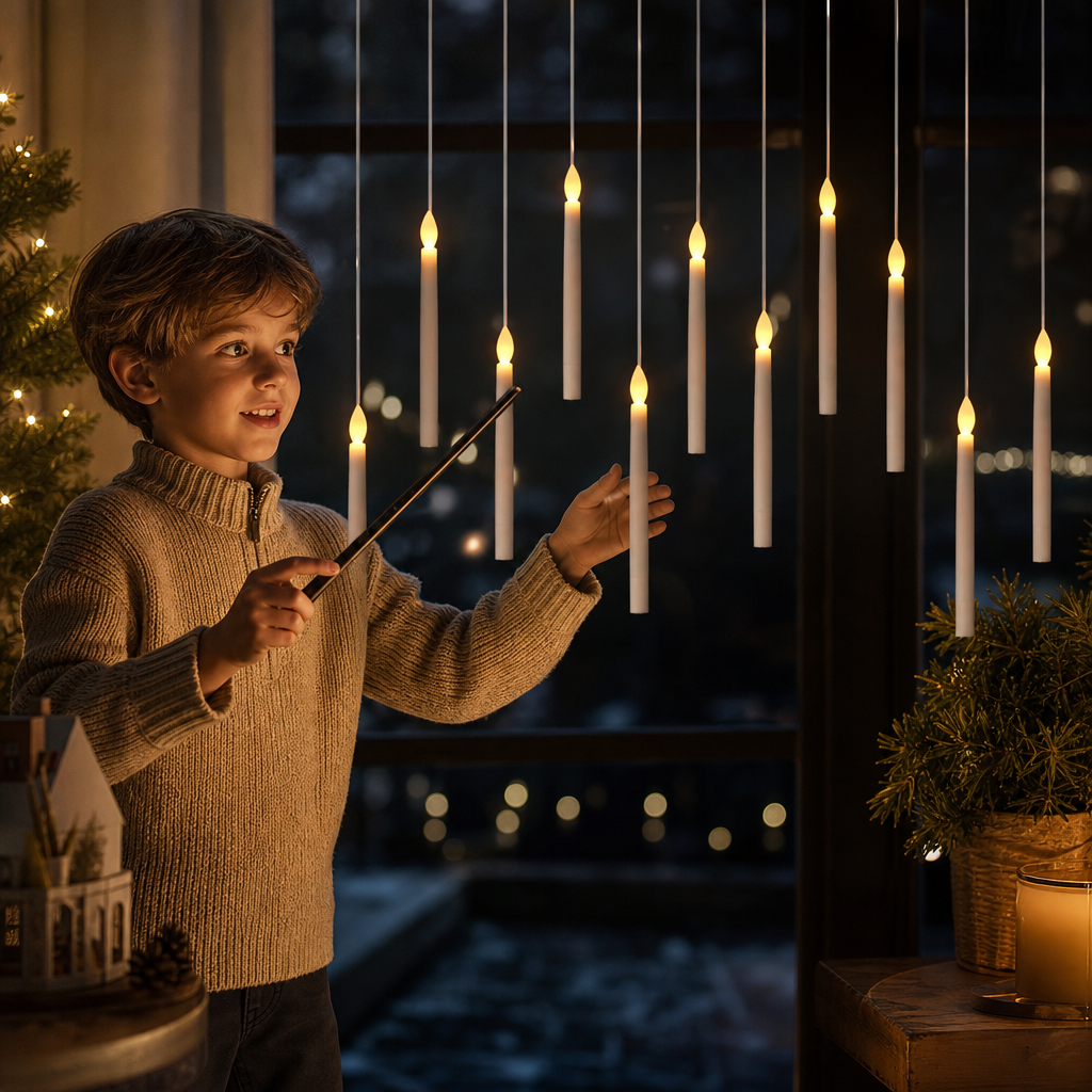 Candele LED Fluttuanti Controllate con Bacchetta Magica e Ganci per Appendere