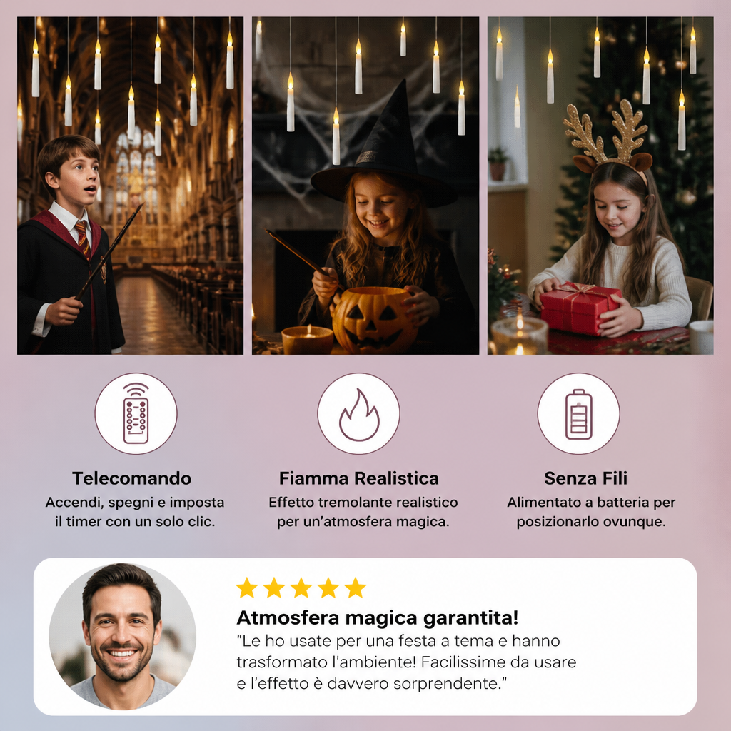 Candele LED Fluttuanti Controllate con Bacchetta Magica e Ganci per Appendere