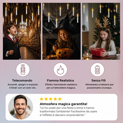 Candele LED Fluttuanti Controllate con Bacchetta Magica e Ganci per Appendere