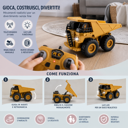 Camion Ribaltabile Telecomandato con Luci – Giocattolo Veicolo da Cantiere