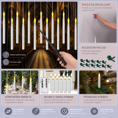 Candele LED Fluttuanti Controllate con Bacchetta Magica e Ganci per Appendere