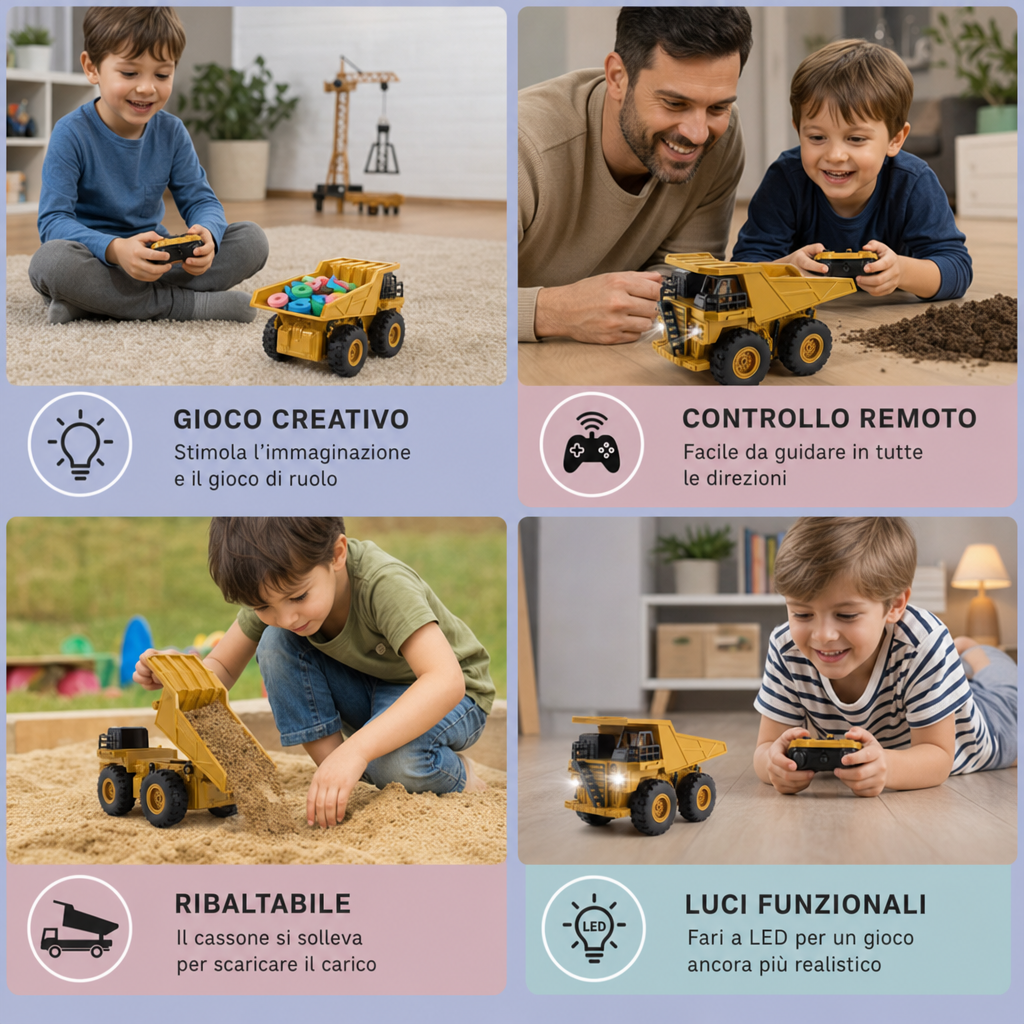 Camion Ribaltabile Telecomandato con Luci – Giocattolo Veicolo da Cantiere