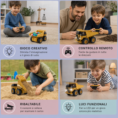 Camion Ribaltabile Telecomandato con Luci – Giocattolo Veicolo da Cantiere