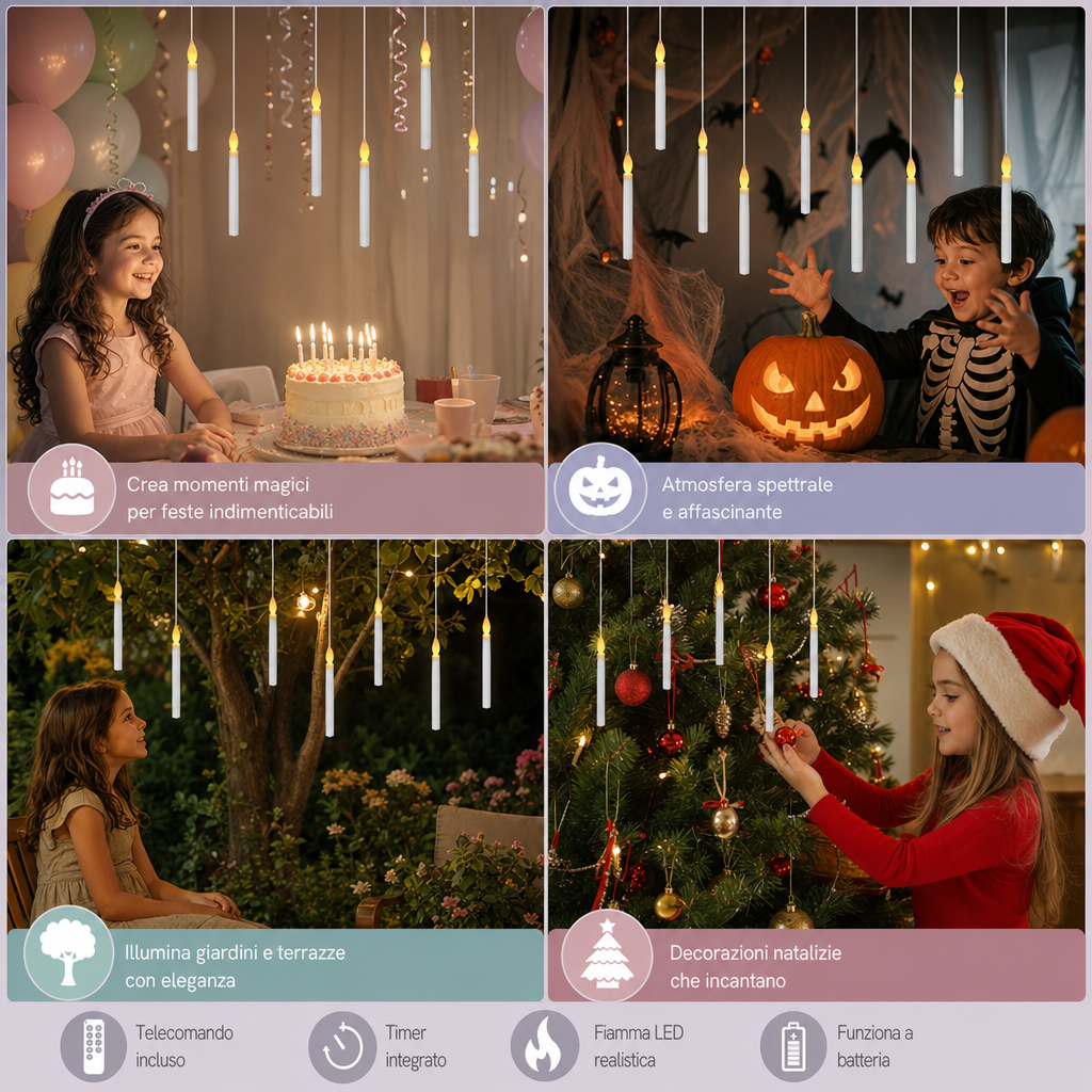 Candele LED Fluttuanti Controllate con Bacchetta Magica e Ganci per Appendere