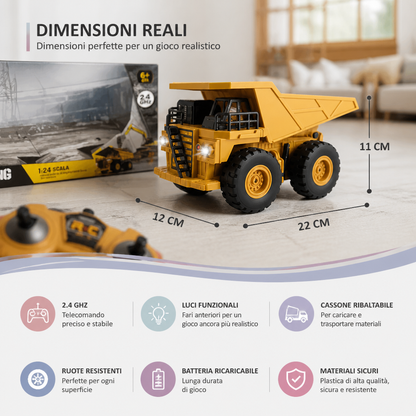Camion Ribaltabile Telecomandato con Luci – Giocattolo Veicolo da Cantiere